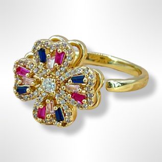 Anillo giratorio Trebol cristales azul/rosa